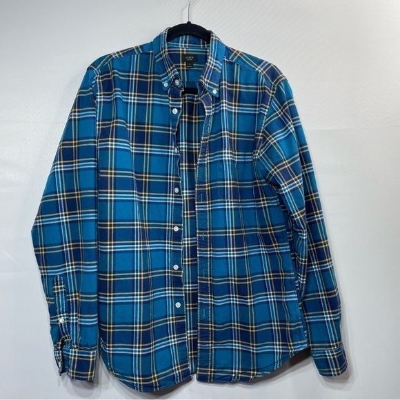 J. Crew Flannel Mens Medium Button Down Oxford Classic Preppy Office Work Teal - Picture 1 of 5